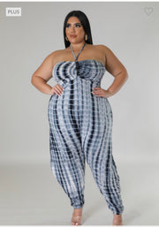 SALE!! LD-E {Parade Around} Black/Multi Tie Dye Halter Jumpsuit PLUS SIZE 1X 2X 3X