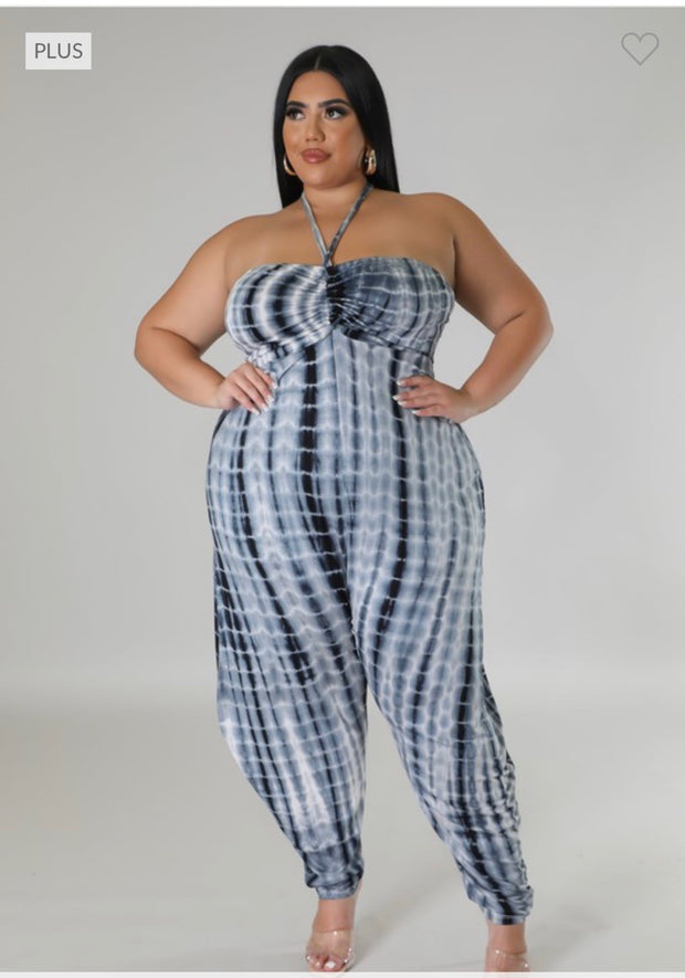 LD-E {Parade Around} Black/Multi Tie Dye Halter Jumpsuit PLUS SIZE 1X 2X 3X