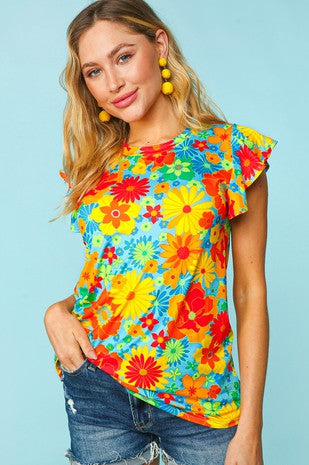 60 PSS {Soaking Up The Sun} Orange Yellow Blue Floral Top PLUS SIZE XL 2X 3X