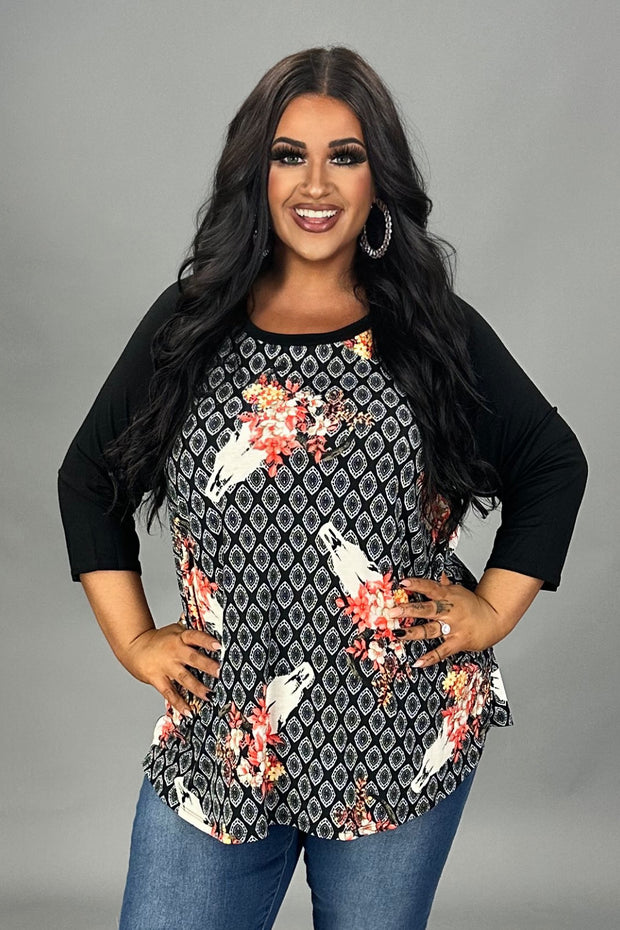 SALE!! 55 CP {Ahead Of The Game} Black Print w/Floral Bull Head PLUS SIZE XL 2X