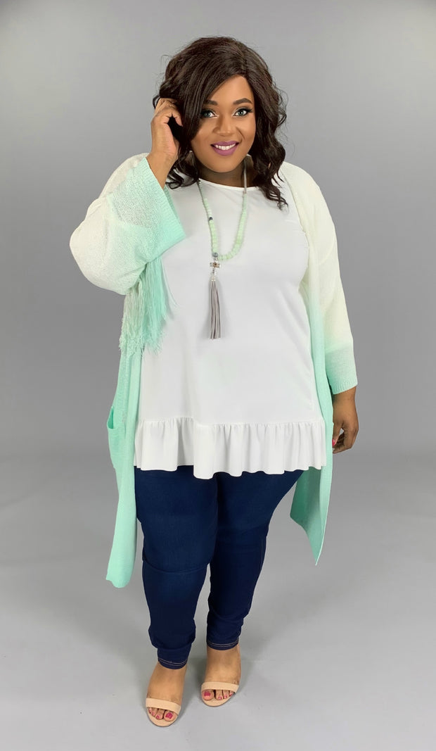 SALE!! OT-Z {Until We Meet Again}  Ivory/Seafoam Green Knit Cardigan W/ Fringe Detail  PLUS SIZE XL 1X 2X