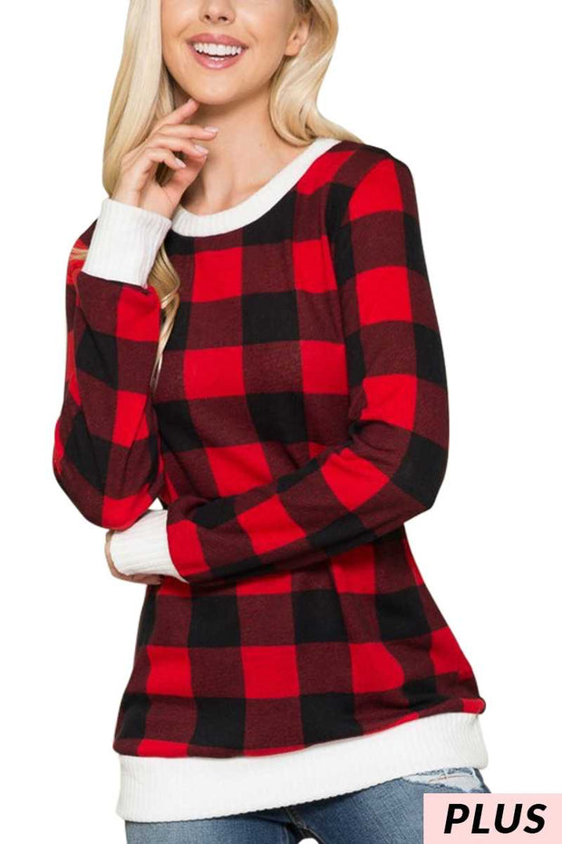 54 CP-A {Good Natured} Red Plaid Top w/Ivory Contrast  PLUS SIZE 1X 2X 3X