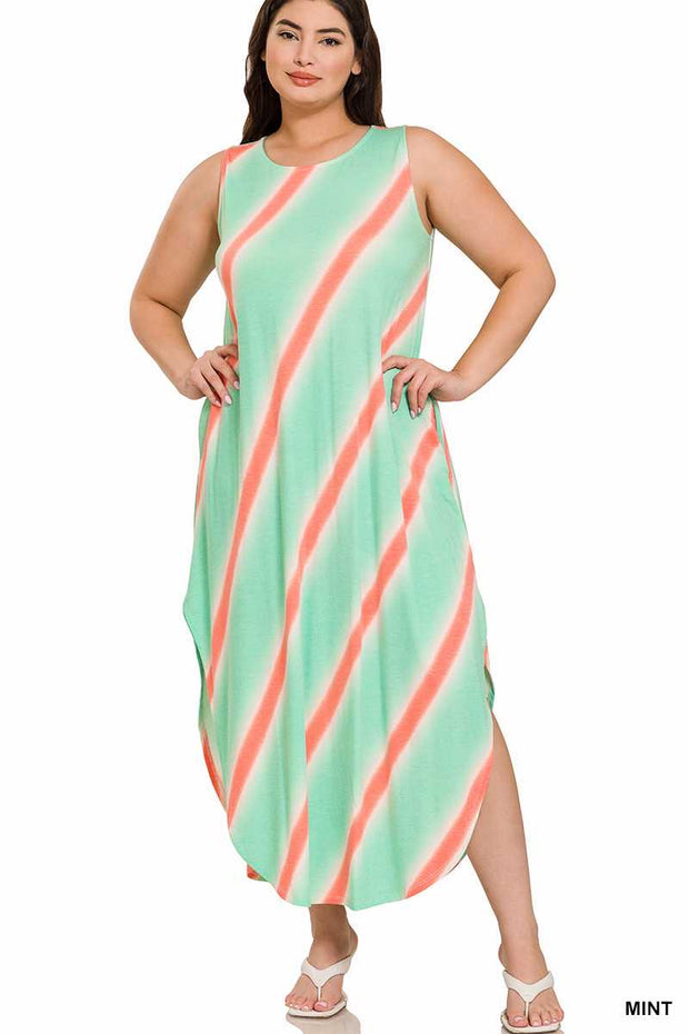 LD-P {Big Adventure} Mint Stripe Print Maxi Dress PLUS SIZE 1X 2X 3X