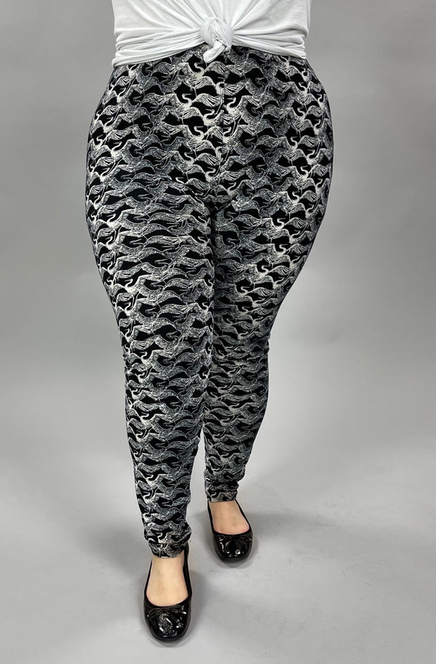 LEG-21 {Swan Lake} Swan Printed Black Leggings EXTENDED PLUS SIZE 3X/5X