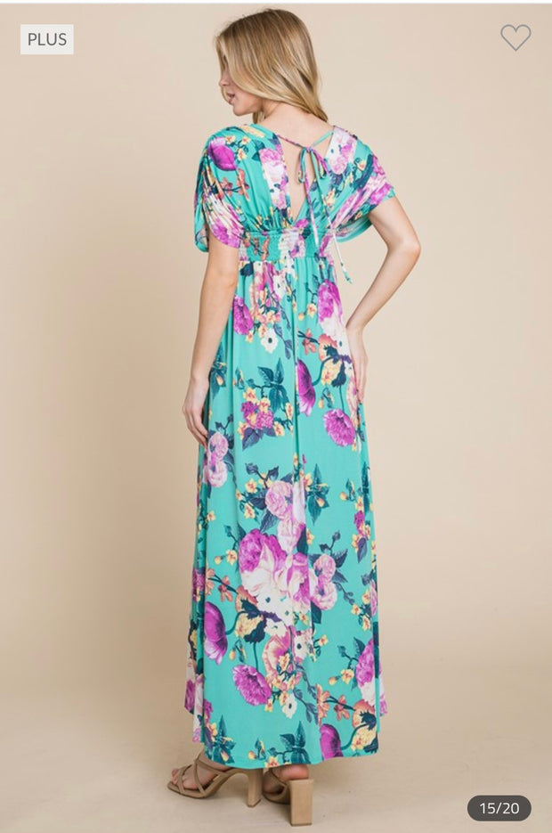 LD-F {Mellow Moment} Emerald Floral Smocked Maxi Dress PLUS SIZE 1X 2X 3X