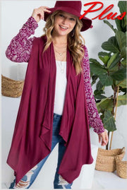 63 OT-C {Floral Motif} Burgundy Cardigan W/Floral Sleeve PLUS SIZE 1X 2X 3X