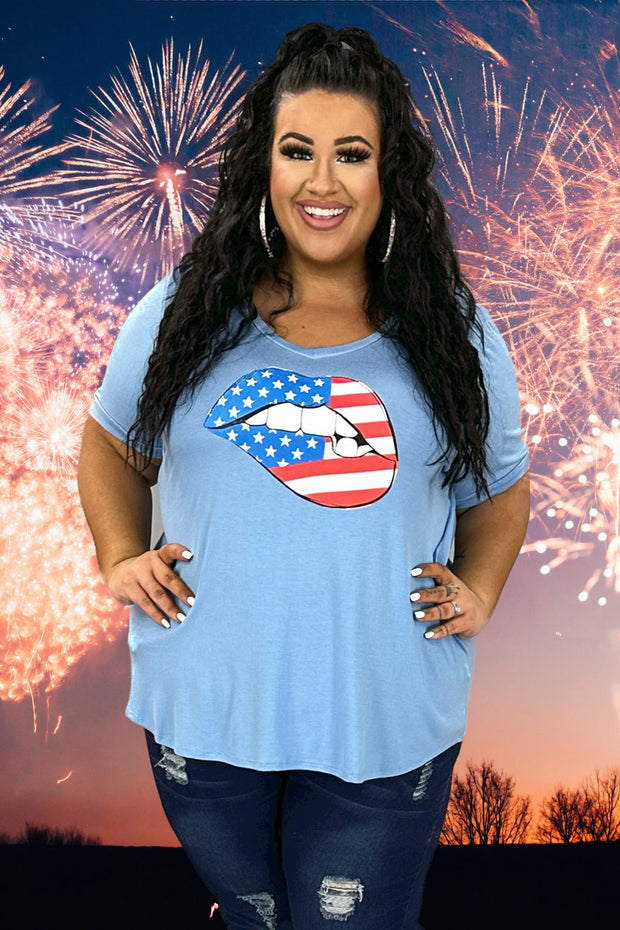 88 GT-K {Love My Freedom} Denim Blue Patriotic Lip Top PLUS SIZE XL 2X 3X