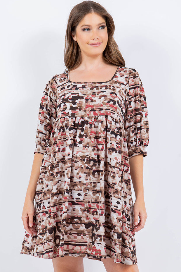 32 PQ {Chic On Repeat} Brown/Mauve Print Babydoll Dress PLUS SIZE 1X 2X 3X