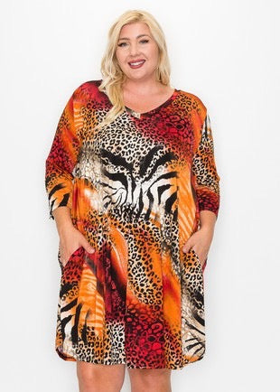 SALE!! 85 PQ-Z {Reserved For Fun} Rust Animal Print V-Neck Dress  EXTENDED PLUS SIZE 3X 4X 5X