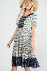 SALE!! 37 CP-F {Sweet Attraction} Taupe/Navy Print Tiered Dress PLUS SIZE 1X 2X 3X