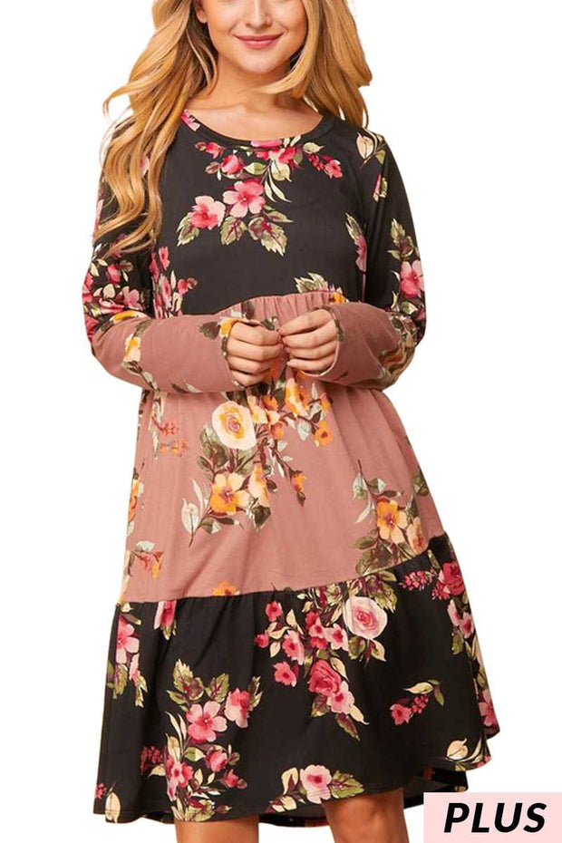 59 CP-H {Rose Touched} Black/Mauve Floral Tiered Dress PLUS SIZE 1X 2X 3X