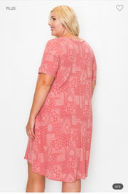 SALE!! 34 PSS- G {Easy To See} Dusty Red Paisley V-Neck Dress EXTENDED PLUS SIZE 3X 4X 5X