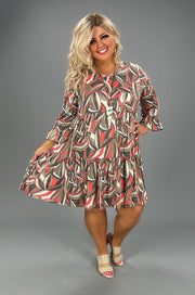 SALE!! 20 PQ-A {Business First} Taupe/Coral Print Tiered Dress PLUS SIZE 1X 2X 3X