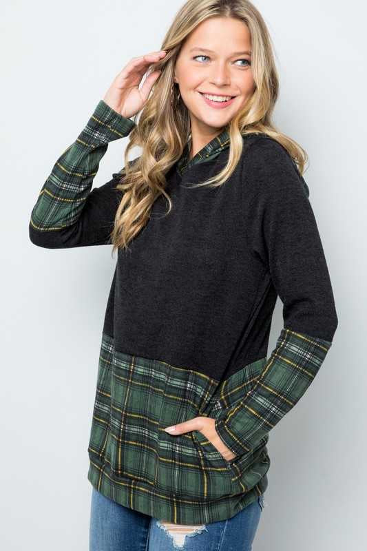 SALE! 23 HD-E  {Having A Good Time}  Black With Green Plaid  Hoodie PLUS SIZE XL 2X 3X