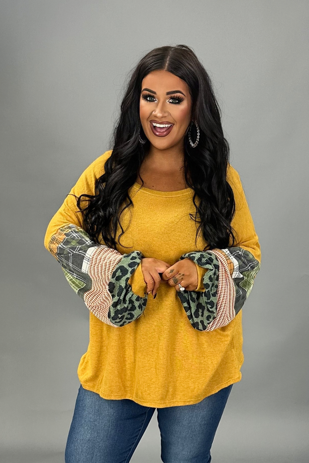 SALE!! 12 CP {Secret Love} Mustard Top w/Multi-Print Sleeves PLUS SIZE XL 2X 3X