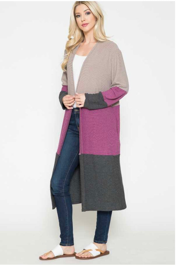 36  OT-F {Wave Effect} Purple Stripe  Long Cardigan PLUS SIZE 1X 2X 3X