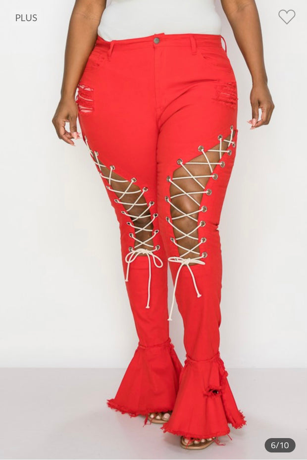 SALE!! Leg-48 {The Map}  Red Front Lace Up Distressed Pants PLUS SIZE 1X 2X 3X