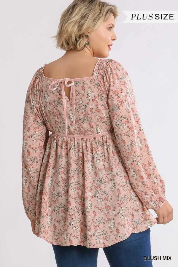 83 PLS-Z {Growing Fonder} Umgee Blush Floral  Babydoll Top  PLUS SIZE XL 1X 2X