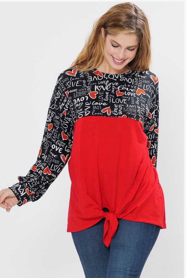 SALE!! 45-GT-G {Written Love Letters} Red Black Tunic w/ Script & Tie Front  PLUS SIZE 1X 2X 3X