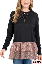 24 CP {Piece Together} Black Top w/Mocha Floral Ruffle PLUS SIZE 1X 2X 3X