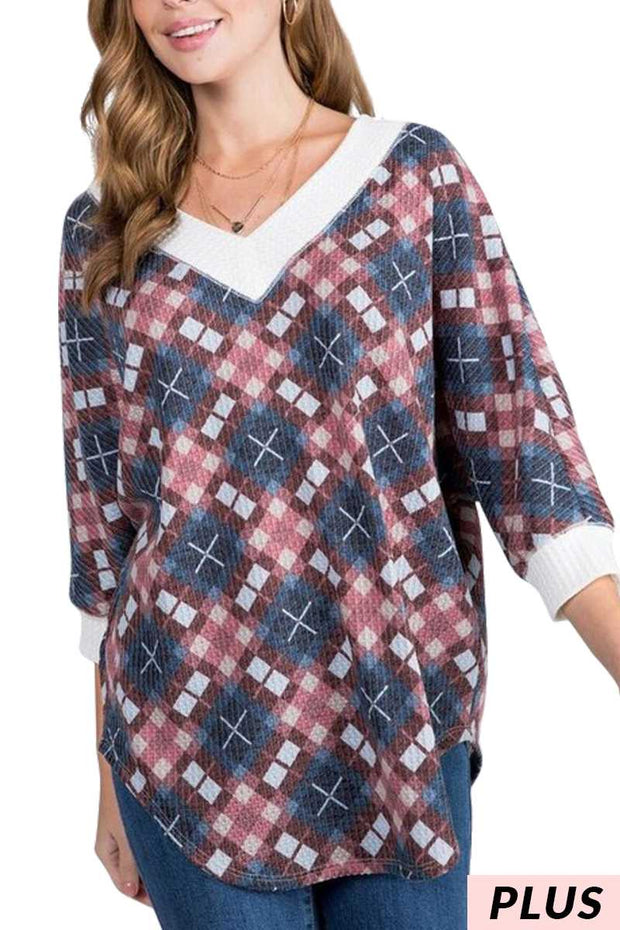 16 CP {X Marks The Top} Burgundy/Blue Check Print Top PLUS SIZE XL 2X 3X