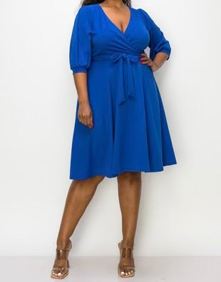 71 SSS-V {Finding My Peace} Royal Blue V-Neck Dress w/Belt PLUS SIZE 1X 2X 3X