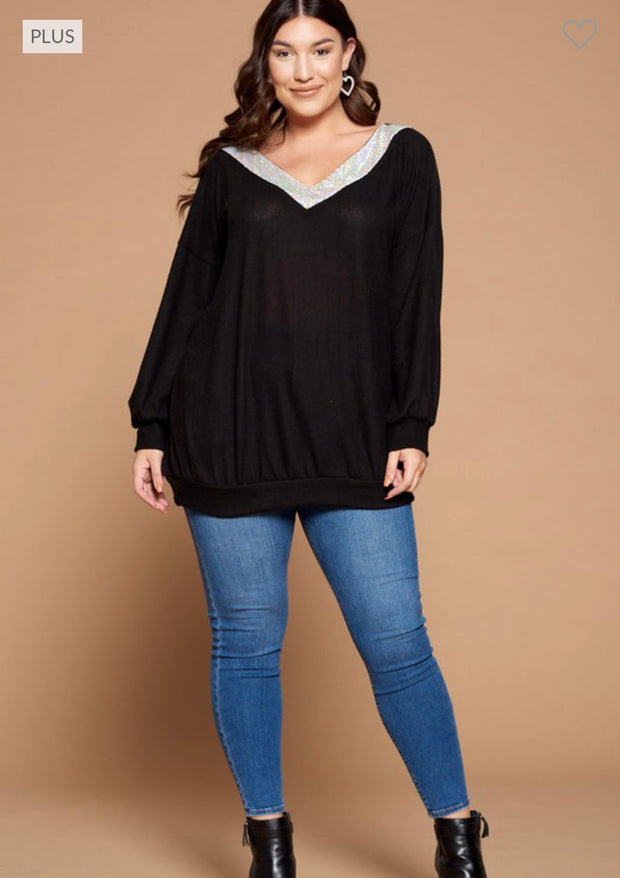 SALE! 13 SD-A {Va Va Voom} Black Sweater W/Silver V-Neck PLUS  SIZE 1X 2X 3X