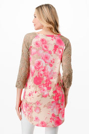 SALE!! 98 CP-A {Work For You} Bright Pink Floral Mocha Lace Sleeve Top PLUS SIZE 1X 2X 3X