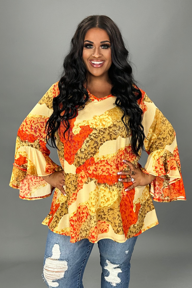 29 PQ {Spicy Lady} Taupe/Orange Print Top PLUS SIZE 1X 2X 3X