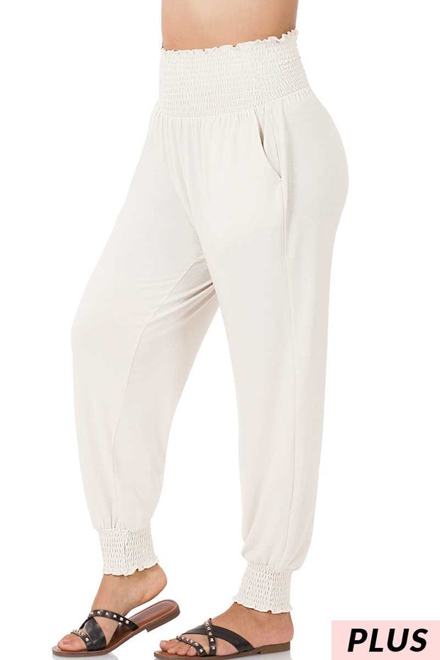 SALE!! LEG-57 {Fast and Fun} Bone Smocked Waist Jogger Pant  PLUS SIZE 1X 2X 3X