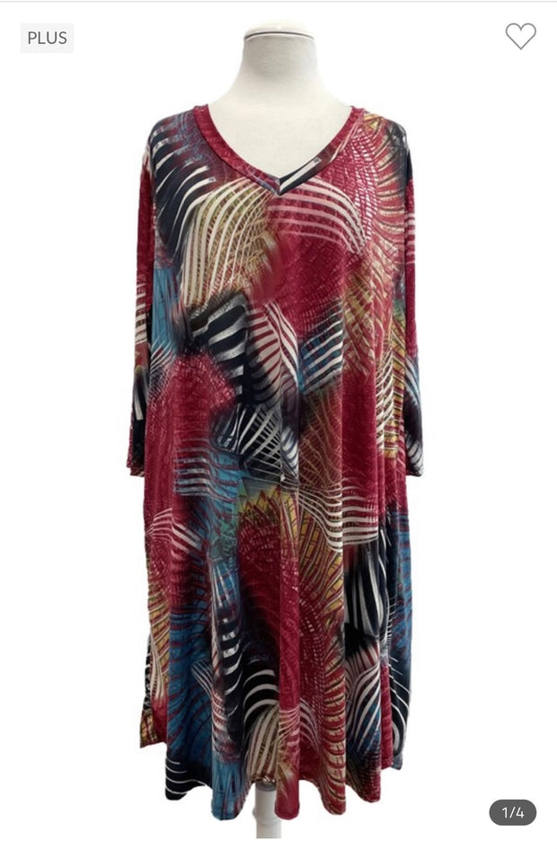 SALE!! 61 PQ-B {Fine By Me} Red Print V-Neck Dress EXTENDED PLUS SIZE 3X 4X 5X