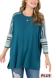 SALE!! 19 CP {Ready To Love} Dark Teal Top w/Striped Sleeves PLUS SIZE 1X 2X 3X