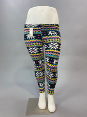 BT-99 Elderberry/Daisy Reindeer Printed  Fleece Lined Leggings   (runs small!) PLUS SIZE