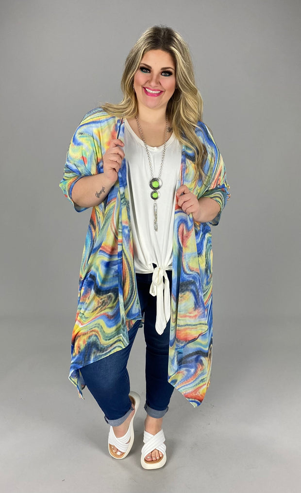 98 OT-B {Resort Fling} Blue MultiColor Print Sheer Cardigan PLUS SIZES XL 2X 3X