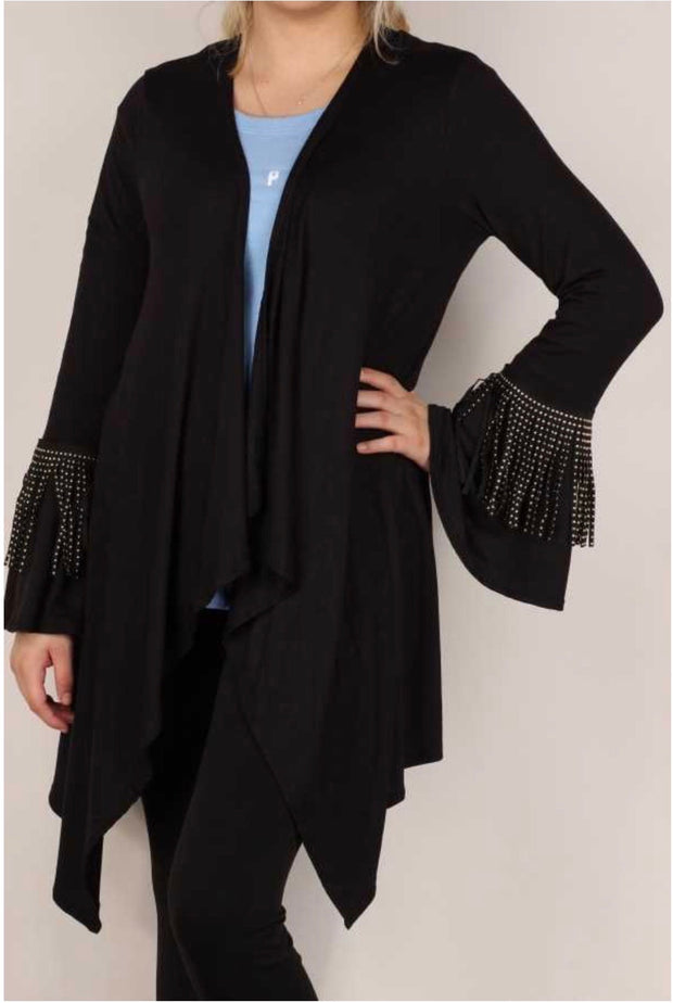 45  OT-B {Double Shot} Black Cardigan With Gold Studded Fringe Plus Size 1X 2X 3X