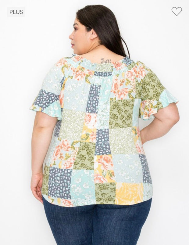 52 PSS-A {Anticipating Love} Multi-Color Print  Smocked Neck Top PLUS SIZE XL 2X 3X