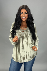 14 PLS {Tied & Ready} Sage Tie Dye Top w/Tied V-Neck PLUS SIZE XL 2X 3X