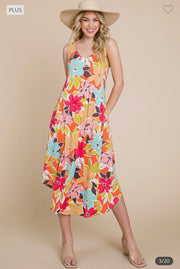 SALE!! LD-L {Bring The Drama} Orange Floral Sleeve- less Midi Dress PLUS SIZE 1X 2X 3X