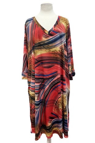 SALE!! 44 PQ-B {Beyond The Waves} Red/Multi-Print V-Neck Dress EXTENDED PLUS SIZE 3X 4X 5X