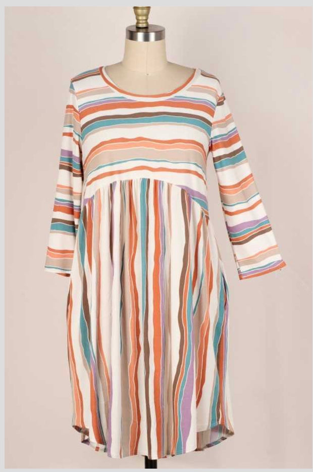 36 PQ-C {My Fav} Beige Striped Babydoll Dress  PLUS SIZE  1X 2X 3X