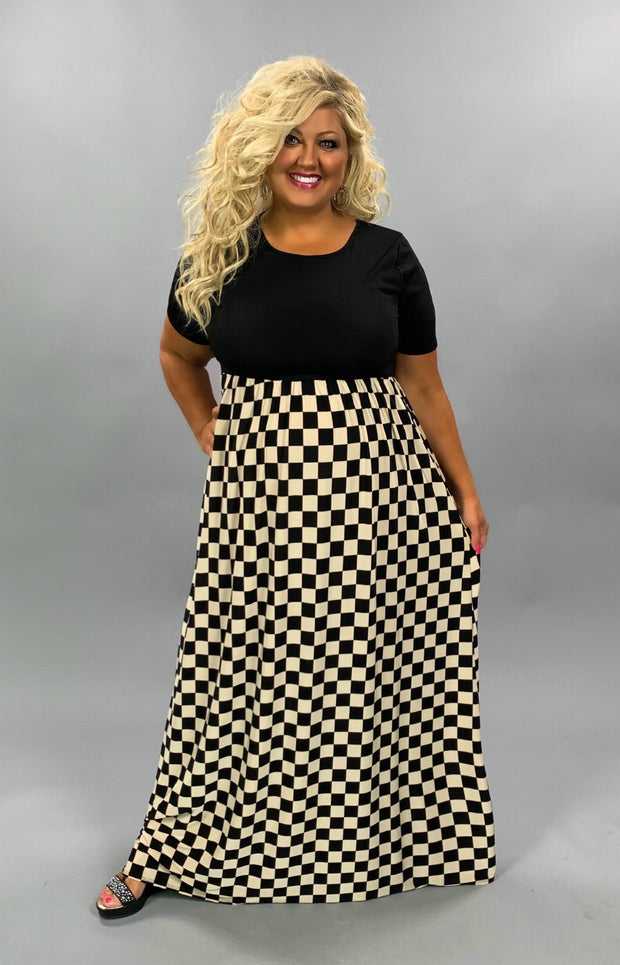 SALE!!  LD-C {Checker Board} Black/Cream Checkered Print Maxi Dress PLUS SIZE 1X 2X 3X