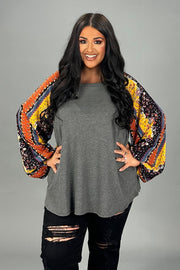 SALE!! 26 CP {Savor The Feeling} Charcoal Top w/Floral Sleeves PLUS SIZE 1X 2X 3X