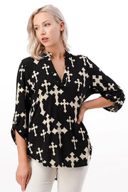 SALE!! 81   PQ-A {Near The Cross} Black Cross Print Roll-Tab Sleeve Top PLUS SIZE 1X 2X 3X