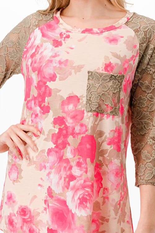 SALE!! 98 CP-A {Work For You} Bright Pink Floral Mocha Lace Sleeve Top PLUS SIZE 1X 2X 3X