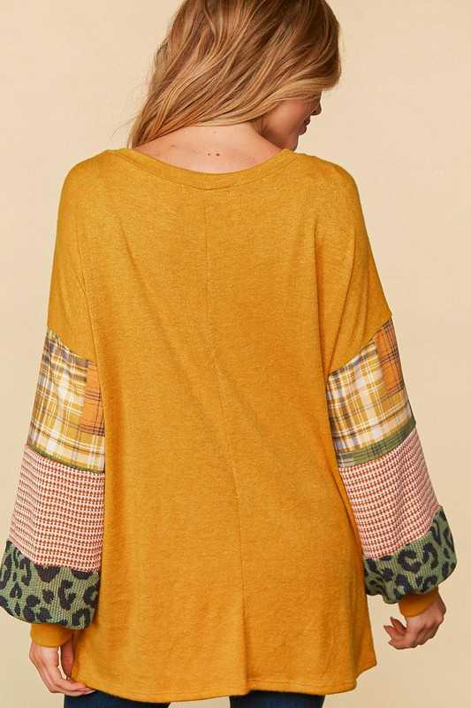 SALE!! 12 CP {Secret Love} Mustard Top w/Multi-Print Sleeves PLUS SIZE XL 2X 3X