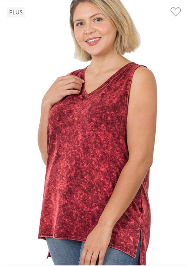 44 SV-D {Ease Along} Cabernet Mineral Wash Sleeveless Top PLUS SIZE 1X 2X 3X