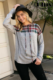 37 HD-D {Ride With Me} Grey Red Plaid Contrast Hoodie  PLUS SIZE XL 2X 3X 4X 5X 6X