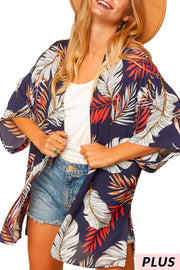 41 OT-A {Show You How} Navy Leaf Print Kimono PLUS SIZE XL 2X 3X