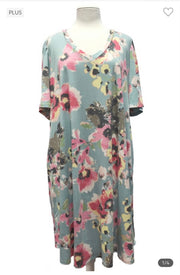 75 PSS-H {Poppin Pansies}  Mint Floral Print Dress PLUS SIZE XL 2X 3X