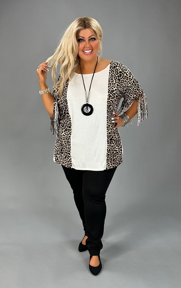 27 CP-J {Landing On Cue} Ivory/Leopard Fringe Top PLUS SIZE XL 2X 3X